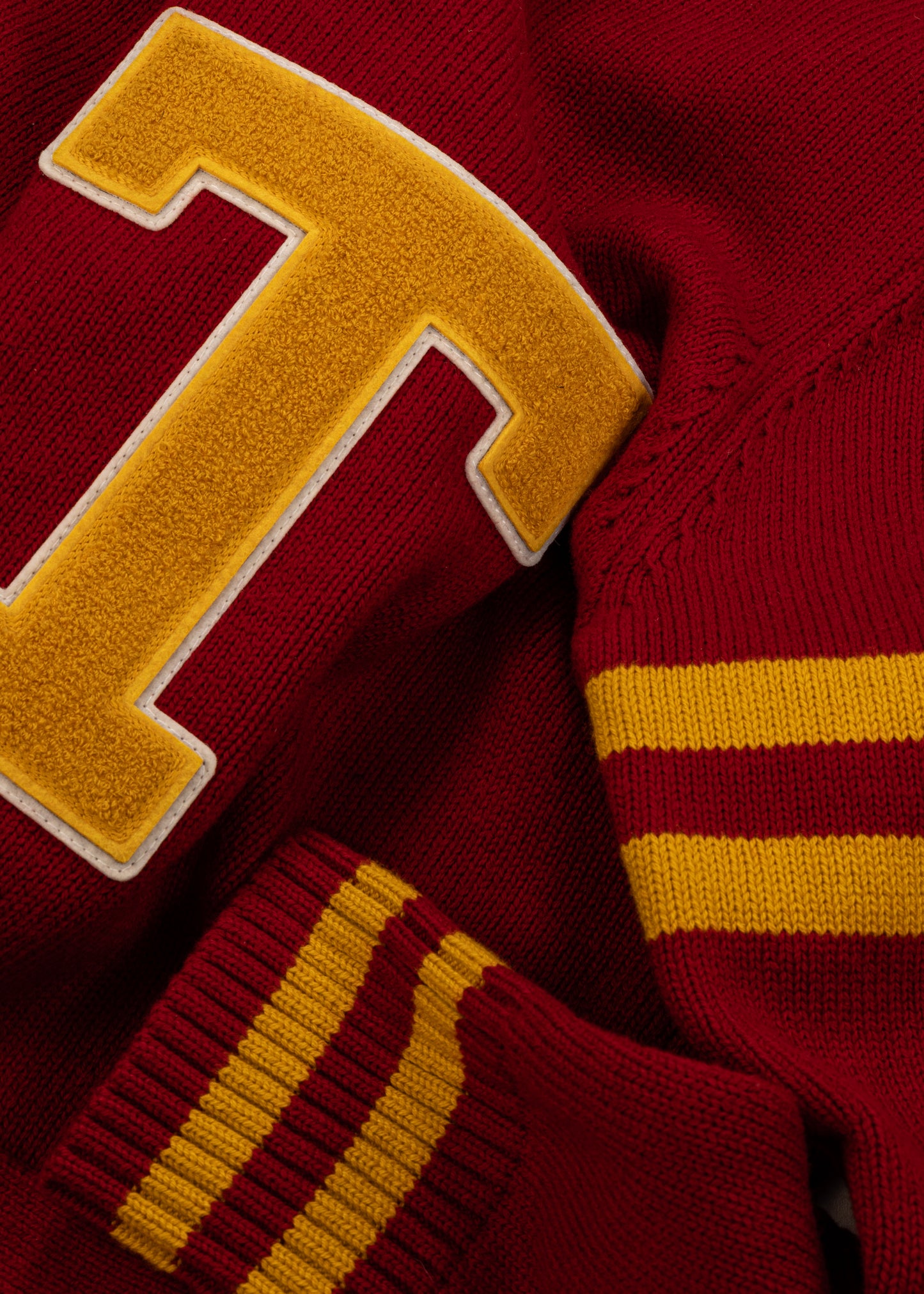 Close up photograph of Tuskegee cardigan vintage inspired by Tuskegee University student yearbooks, wool-cotton blend, HBCU apparel
