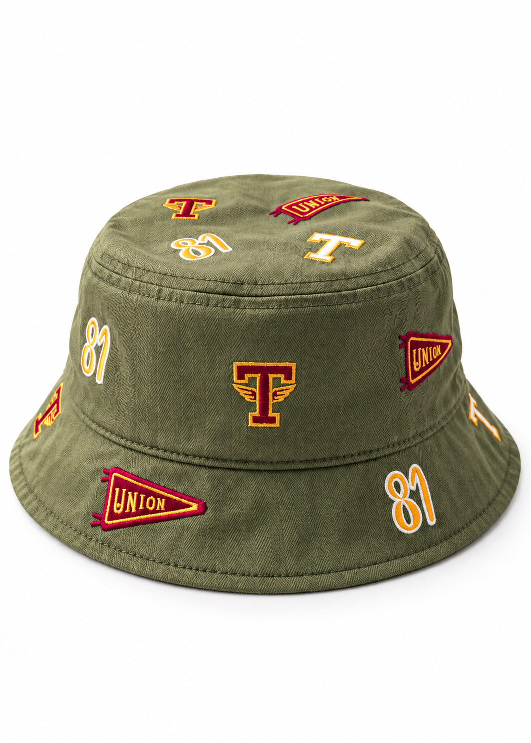 Archive All-Over Patch Tuskegee University Bucket Hat in Olive Green cotton herringbone twill with embroidered patches