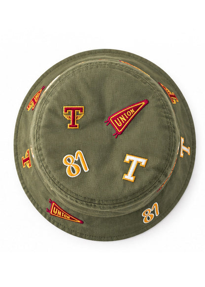 top down view: Archive All-Over Patch Tuskegee University Bucket Hat showing embroidered T and pennant patches