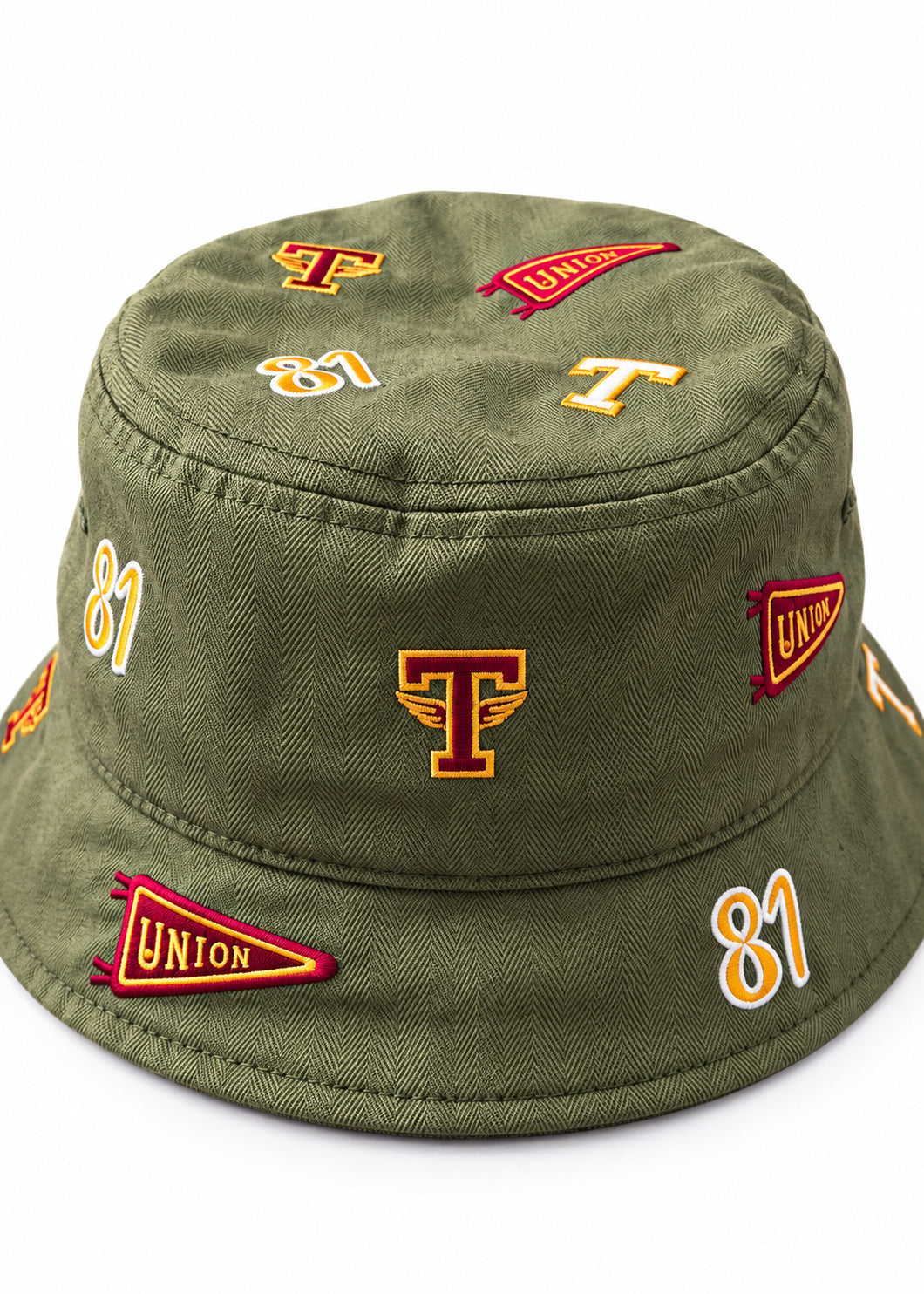 Back view: Tuskegee University herringbone twill bucket hat with all-over embroidered patches, back view