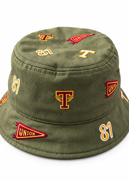 Back view: Tuskegee University herringbone twill bucket hat with all-over embroidered patches, back view