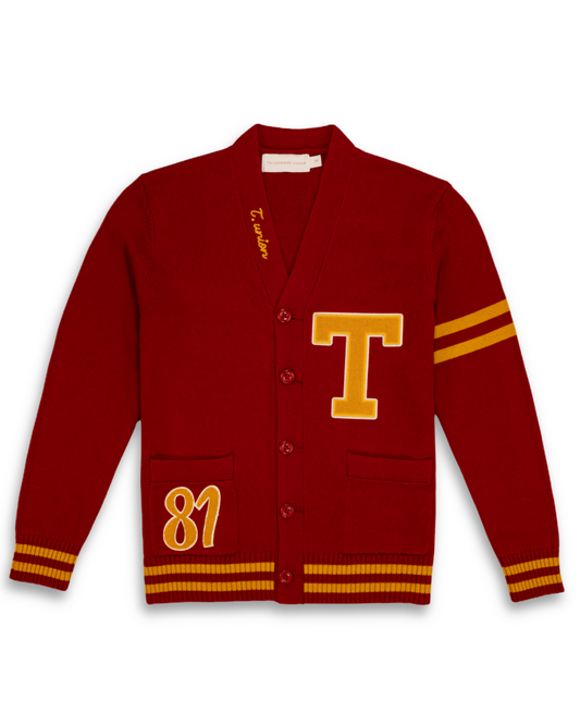 Tuskegee University varsity cardigan, archival revival with chenille patch. HBCU apparel 