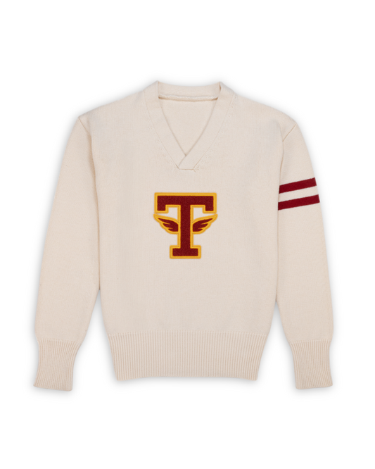 Tuskegee University v-neck pullover sweater, vintage inspired by Tuskegee University student yearbooks, wool-cotton blend, HBCU apparel. Featuring Chenille T patch